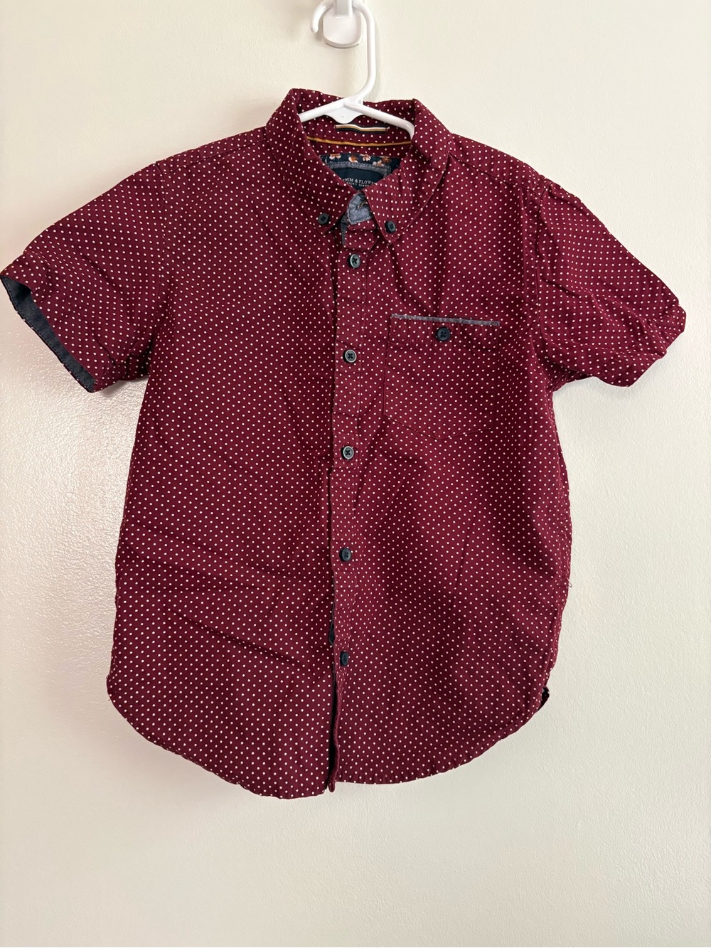 Denim & Flower Boys Size 7 Maroon Polka Dot Button Down Shirt 100% Cotton